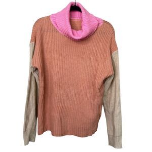 Boutique Pink Tan Colorblock Lightweight Sweater Cowl‎ Neck Size L Knitted